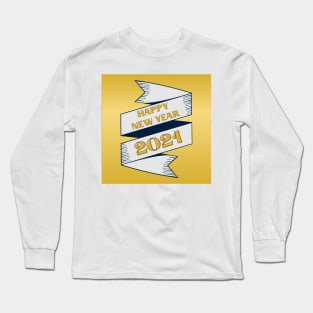 happy new year 2021 holiday retro vintage theme blue gold yellow banner pattern Long Sleeve T-Shirt